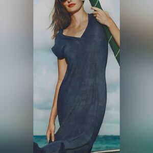 Cloth & Stone Maxi Dress S Blue Deep V-Neck Cap Sleeves Side Slit Lightweight